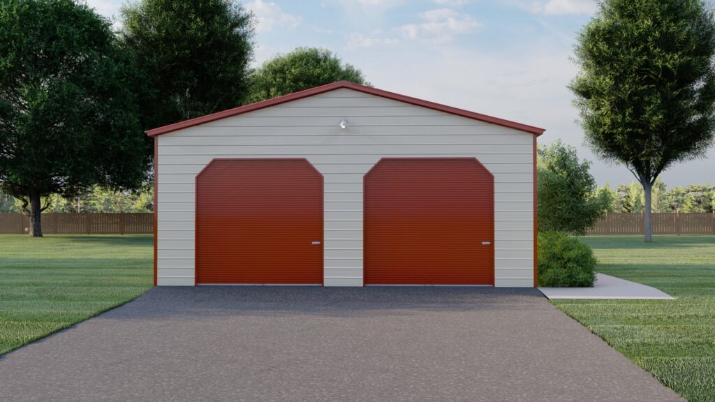 2 car metal garage with roll up doors with 45 degree angle cuts