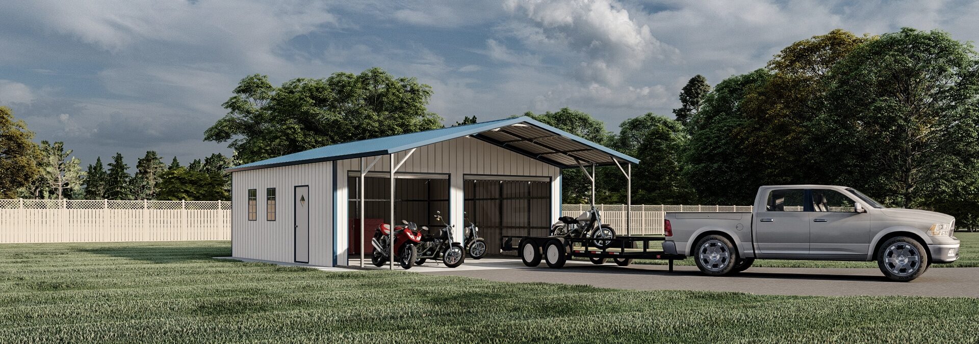 Metal building with 2 roll up doors for motorcycle storage