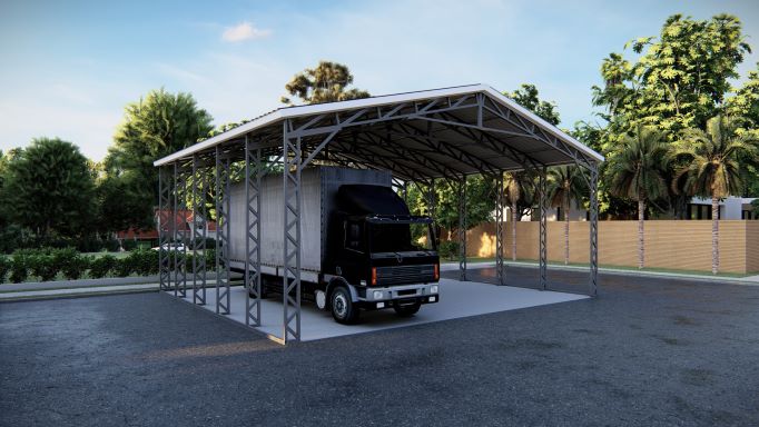 Open commercial truss structure with box truck parked beneath