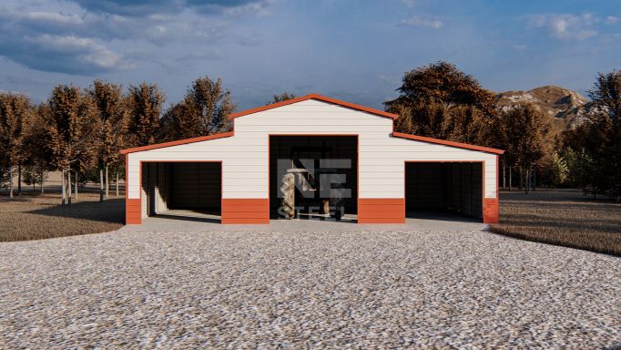 Steel agricultural barn with framed out openings and tractor inside