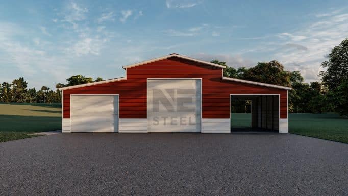 Red and white steel agricultural building with frame outs