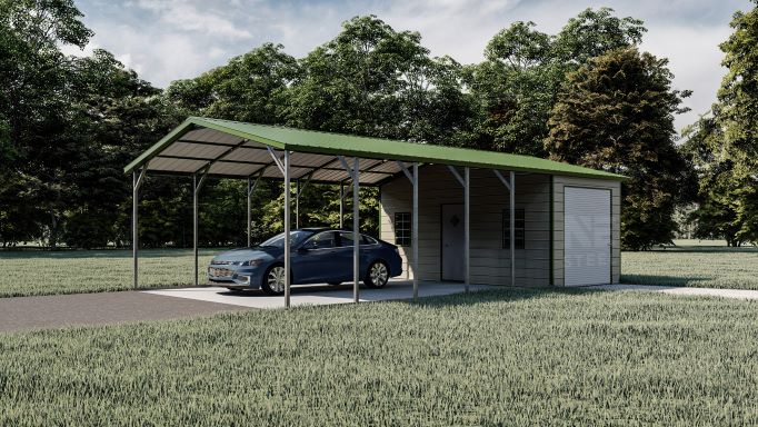 Steel carport with built in enclosed storage area