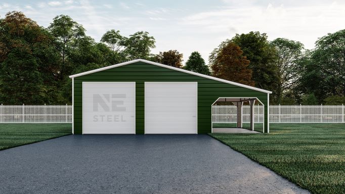 2 car green metal garage with framed out lean-to
