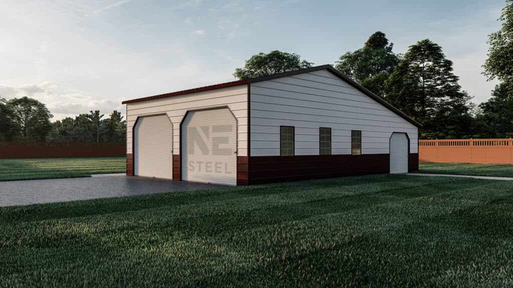 2 car side entry metal garage with fully enclosed lean-to