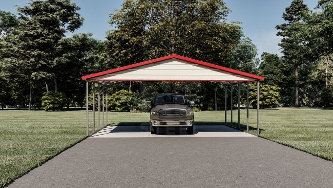 Large gabled carport with truck underneath