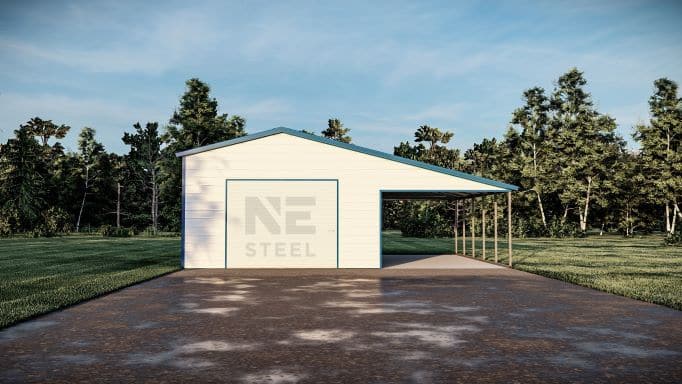 Steel garage with attached open lean-to