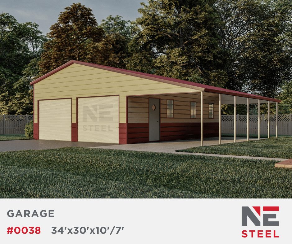 34'x30'x10'/7' Steel Garage w/ Continuous Lean-To (#0038)