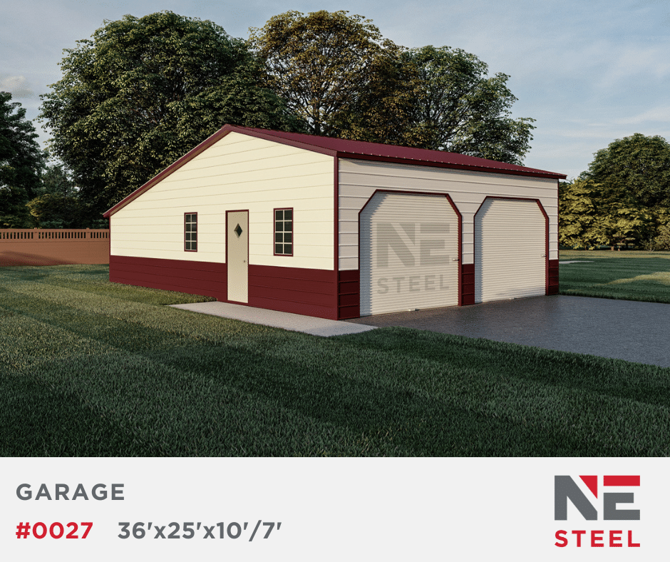 36'x25'x10'/7' Steel Garage w/ Continuous Lean-To (#0027)